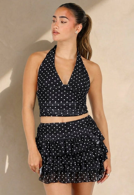 NEW100626 Zwarte Polkadot Halter Top en Skort Set