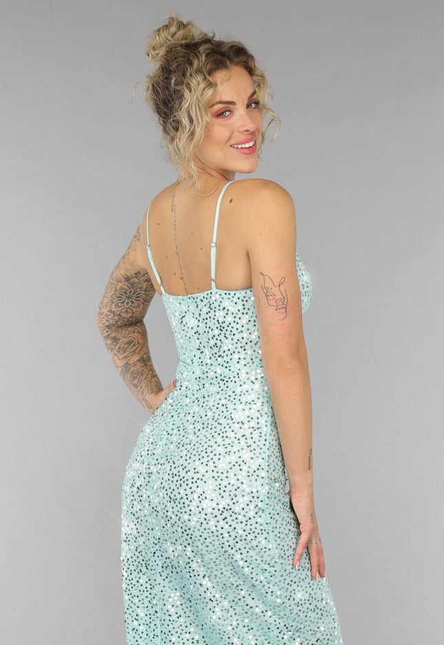 NEW1007 Maxi Split Jurk Pailletten Jurk in Mintgroen