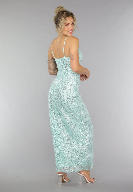 NEW1007 Maxi Split Jurk Pailletten Jurk in Mintgroen
