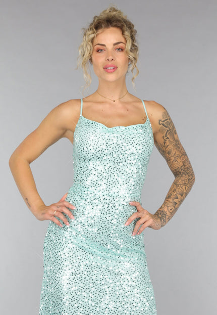 NEW1007 Maxi Split Jurk Pailletten Jurk in Mintgroen