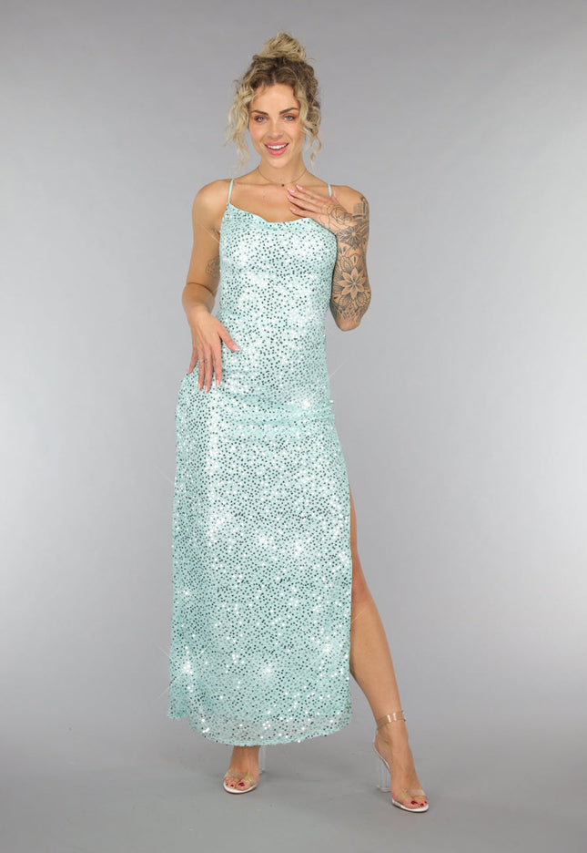 NEW1007 Maxi Split Jurk Pailletten Jurk in Mintgroen
