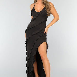 NEW1007 Zwarte Ruffle Jurk met Split