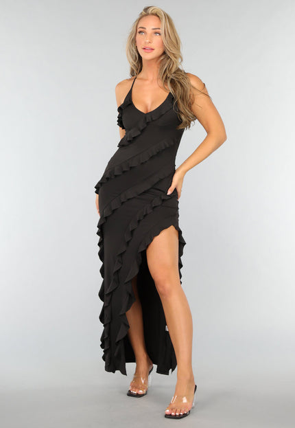 NEW1007 Zwarte Ruffle Jurk met Split