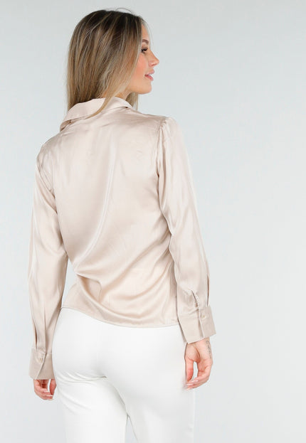 OP=OP.AV.12 Beige Satijnen Blouse met Strikdetail