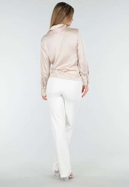 OP=OP.AV.12 Beige Satijnen Blouse met Strikdetail
