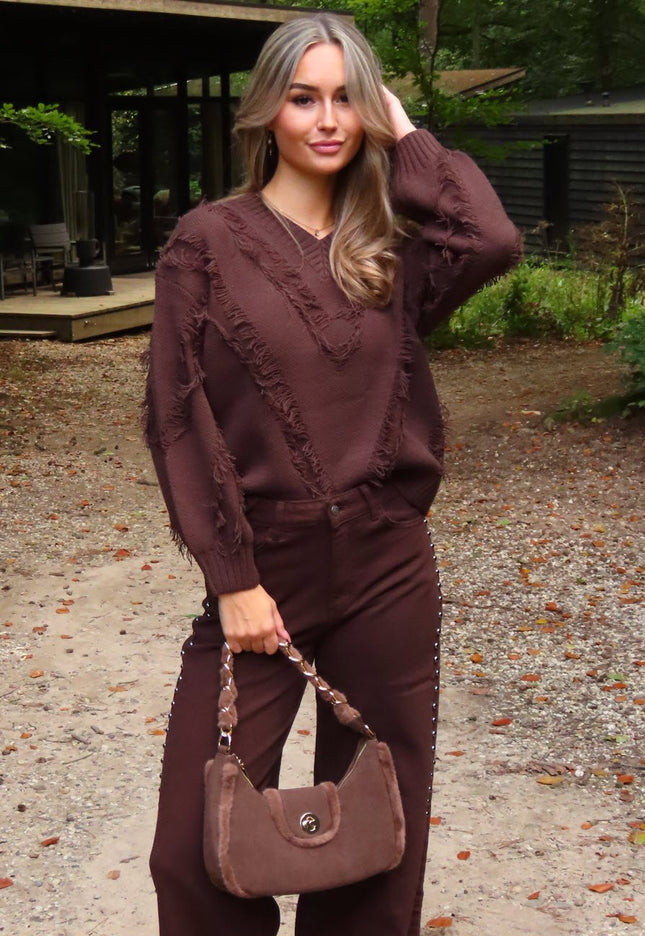 NEW100925 Bruine Gebreide Stretch Trui