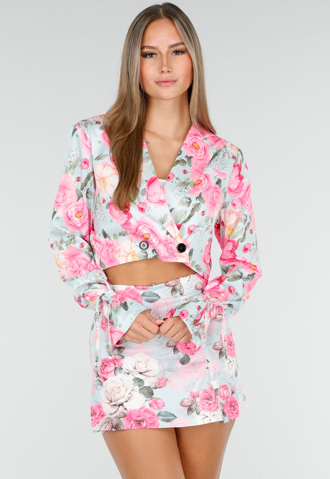 NEW100925 Gebloemde Blazer Set met Stretch Rok