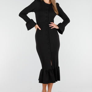 NEW100925 Midi Jurk met Ruches in Donkerblauw