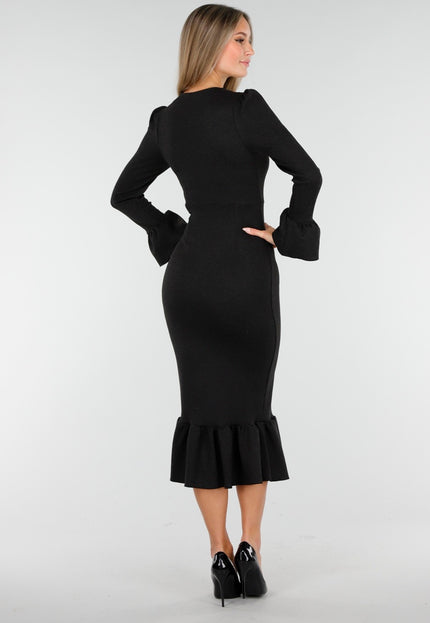 NEW100925 Midi Jurk met Ruches in Donkerblauw