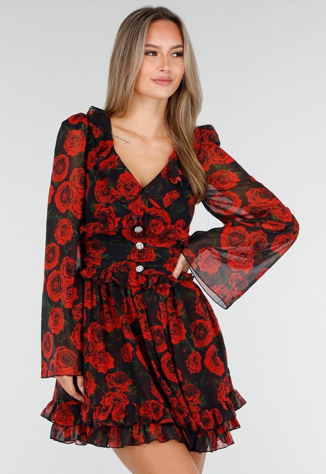 NEW100925 Mini Jurk met Rode Rozenprint