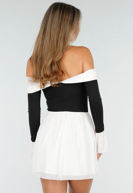 OP=OP.02.NL Off Shoulder Mini Jurk in Zwart Beige