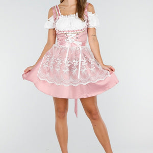 CARNA15 Roze Dirndl Jurk met Kant en Schort