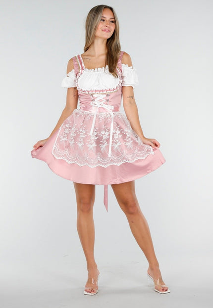 CARNA15 Roze Dirndl Jurk met Kant en Schort