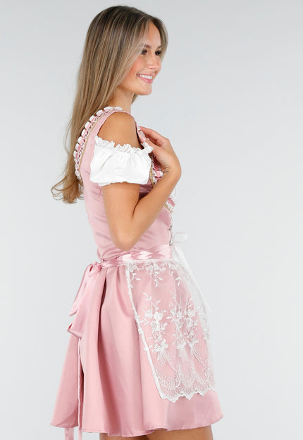 CARNA15 Roze Dirndl Jurk met Kant en Schort