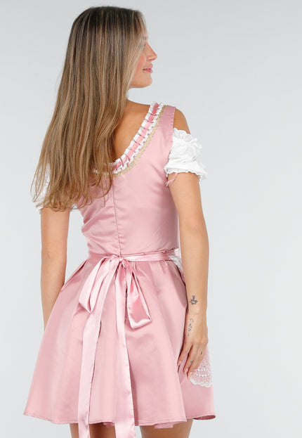 CARNA15 Roze Dirndl Jurk met Kant en Schort