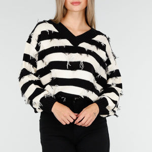 NEW100925 Zwart Beige Gestreepte Trui