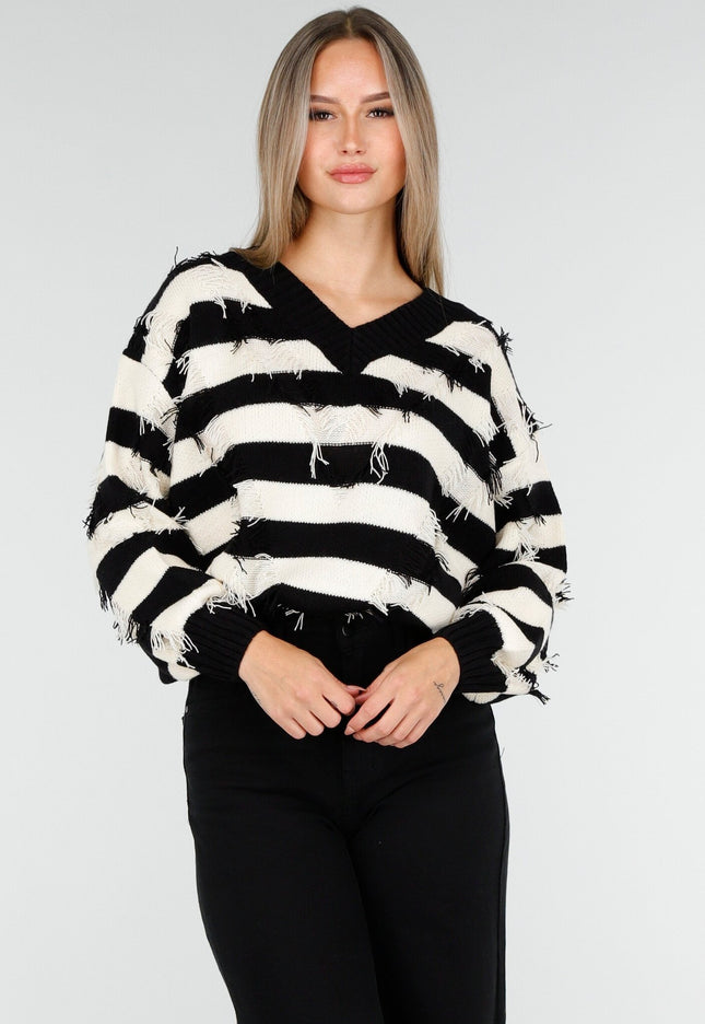 NEW100925 Zwart Beige Gestreepte Trui