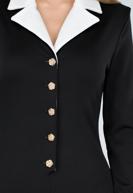 OP=OP.AV.09 Zwart Stretch Playsuit met Lange Mouwen