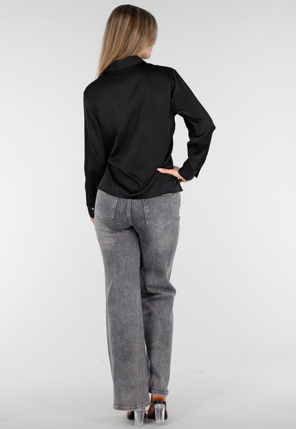 OP=OP.AV.09 Zwarte Satijnlook Blouse met Strikdetail