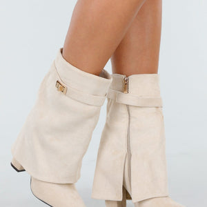 NEW101225 Beige Suède Look Enkellaarzen met Omslag