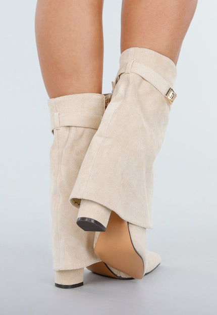NEW101225 Beige Suède Look Enkellaarzen met Omslag