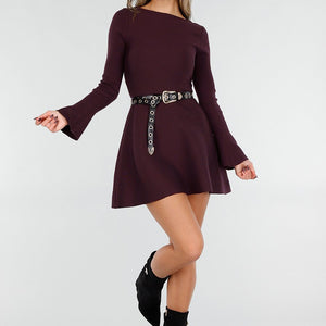 NEW101225 Bordeaux Gebreide Jurk met Lange Mouwen