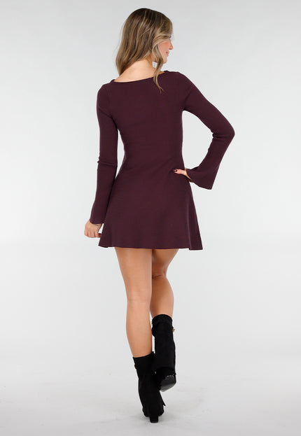 NEW101225 Bordeaux Gebreide Jurk met Lange Mouwen
