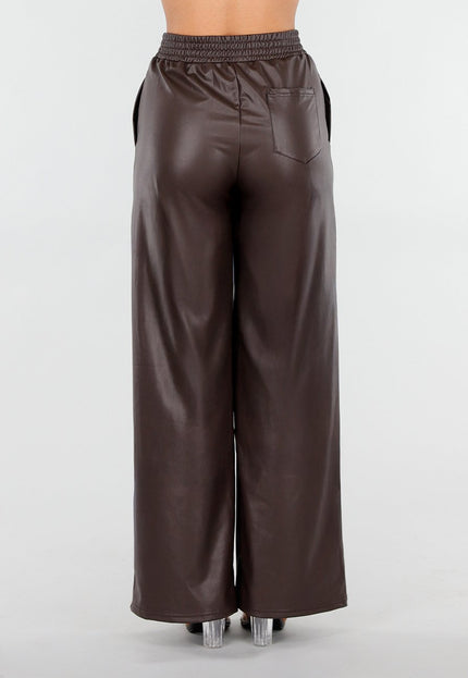 NEW101225 Bruine Lederlook Straight Leg Stretch Broek