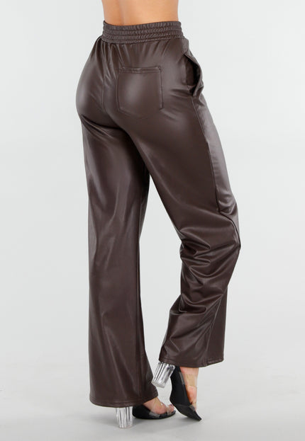 NEW101225 Bruine Lederlook Straight Leg Stretch Broek