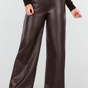 NEW101225 Bruine Lederlook Straight Leg Stretch Broek