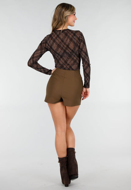 NEW101225 Bruine Mesh Body met Ruitprint
