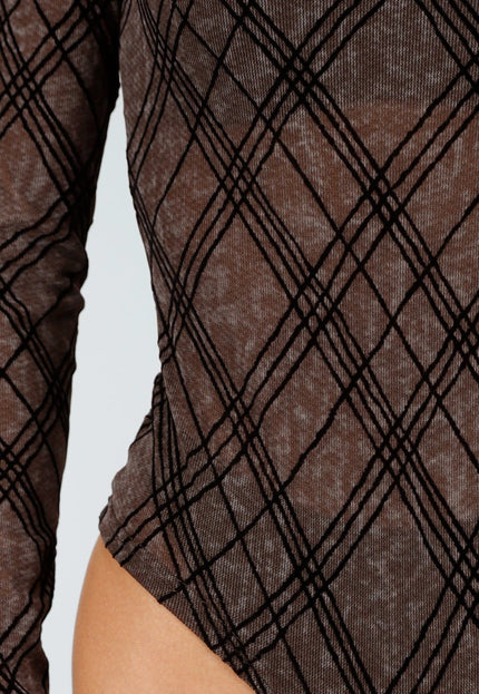 NEW101225 Bruine Mesh Body met Ruitprint