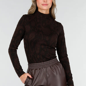 NEW101225 Zwart Bruine Jacquard Stretch Top