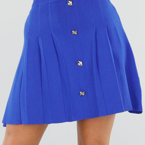 NEW110226 Blauwe Gebreide Plooirok met Knopen