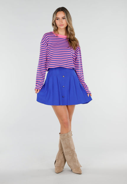 NEW110226 Blauwe Gebreide Plooirok met Knopen