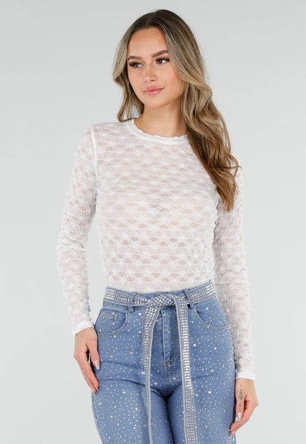 NEW110226 Witte Mesh Body met Lange Mouwen