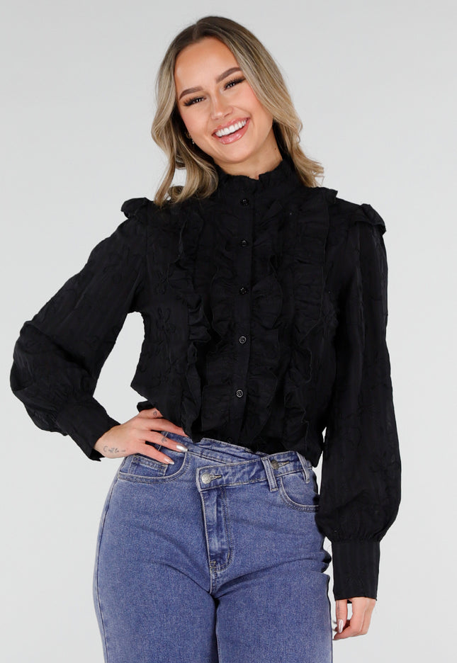 NEW110226 Zwarte Blouse met Ruches