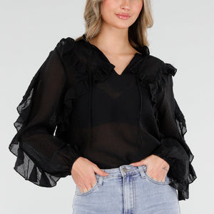 NEW110226 Zwarte Chiffon Blouse met Ruches