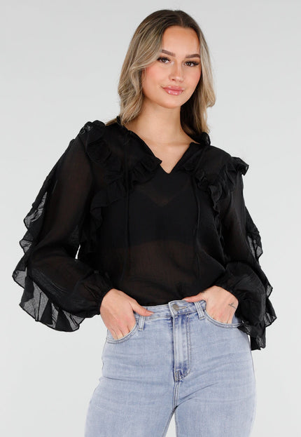 NEW110226 Zwarte Chiffon Blouse met Ruches