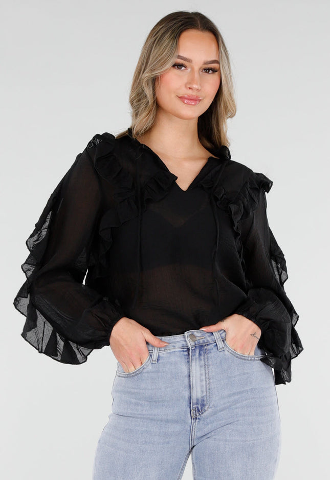 NEW110226 Zwarte Chiffon Blouse met Ruches
