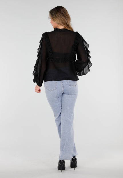 NEW110226 Zwarte Chiffon Blouse met Ruches