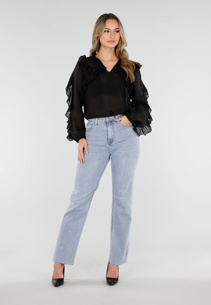 NEW110226 Zwarte Chiffon Blouse met Ruches