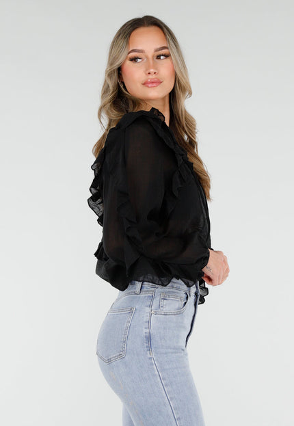 NEW110226 Zwarte Chiffon Blouse met Ruches