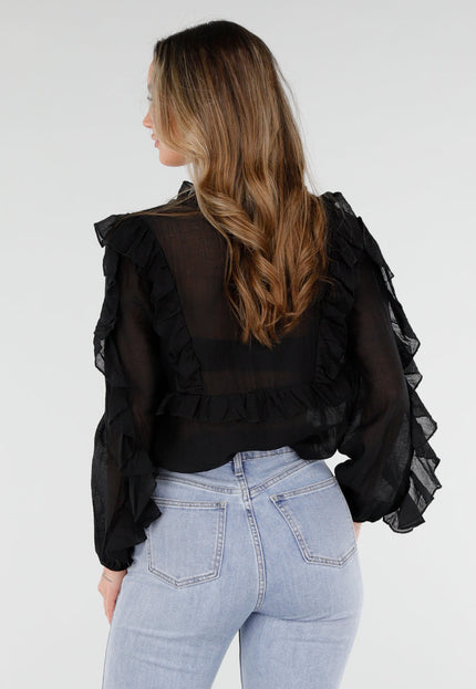 NEW110226 Zwarte Chiffon Blouse met Ruches