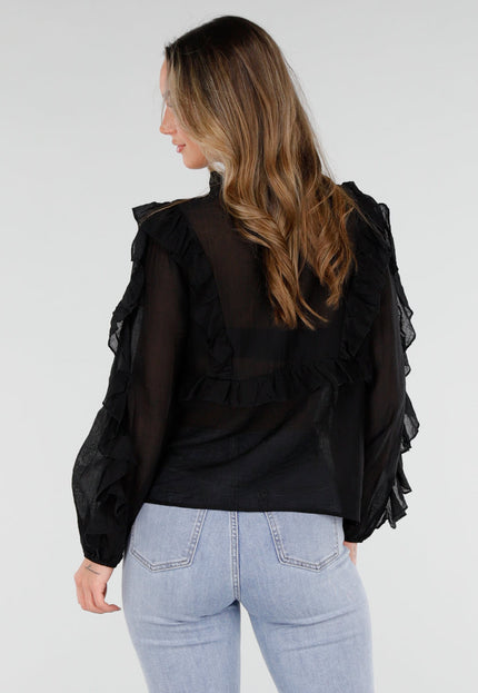 NEW110226 Zwarte Chiffon Blouse met Ruches