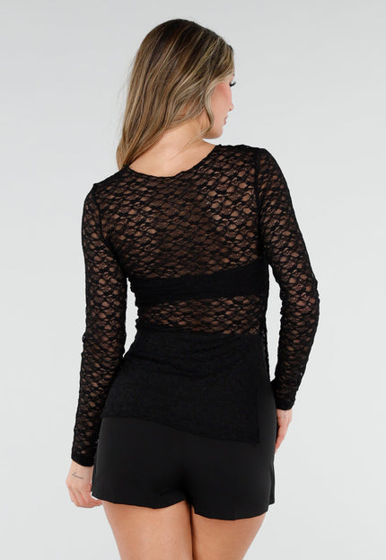 NEW110226 Zwarte Kanten Top met Lange Mouwen