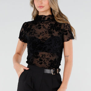 NEW110226 Zwarte Mesh Top met Bloempatroon