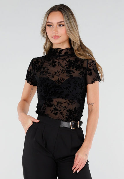NEW110226 Zwarte Mesh Top met Bloempatroon