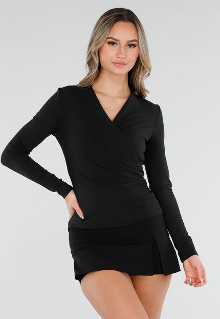 NEW110226 Zwarte Overslag Top met Lange Mouwen