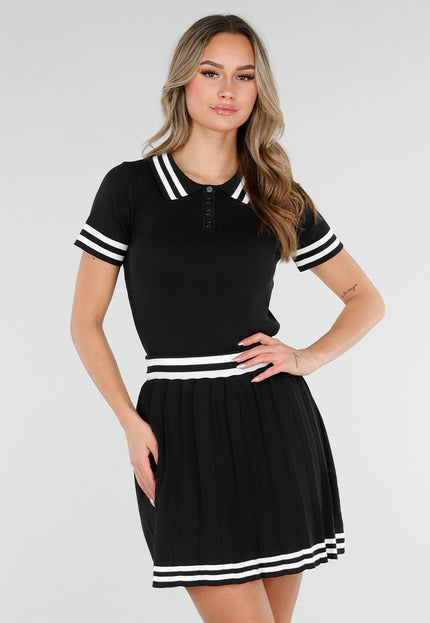 NEW110226 Zwarte Set met Polo Top en Plissé Rok